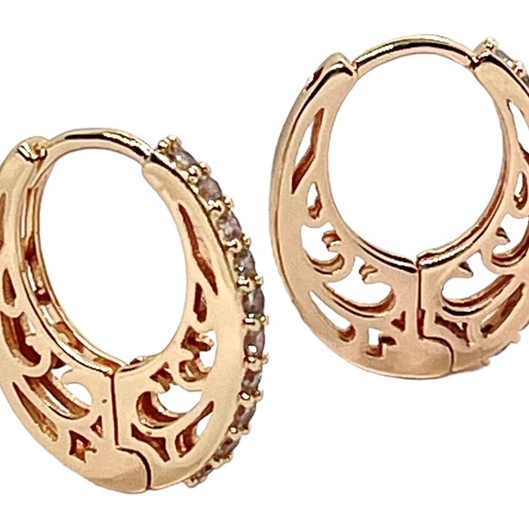 14K Gold Plated, White Zirconia Cuff Earrings Huggie Hoop Earrings for Women - Picture 4 of 5